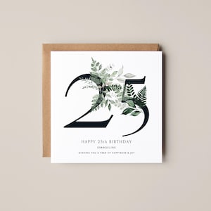 25e anniversaire personnalisée | carte florale aquarelle | Numéro de carte monogramme | carte d'anniversaire florale | 25e étape