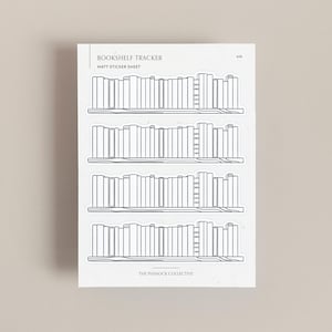 May include: A white matt sticker sheet with four rows of bookshelf illustrations. Each shelf displays a collection of books in a minimalist style. The text "BOOKSHELF TRACKER" and "MATT STICKER SHEET" are printed at the top. The Pinnock Collective logo is at the bottom.