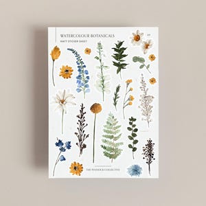 Feuille d'autocollants fleurs botaniques | Autocollants aquarelle | Illustrations botaniques | Stickers printaniers | Motifs floraux | Feuilles | Agenda