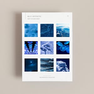 May include: A sticker sheet featuring nine different blue aesthetic designs. The designs include clouds, water, and jellyfish. The sheet is titled "Blue Aesthetic Matt Sticker Sheet" and is labelled "212".