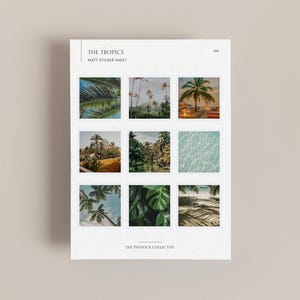 May include: A sheet of tropical themed stickers with images of palm trees, beaches, and lush foliage. The sticker sheet is titled "The Tropics" and "Matt Sticker Sheet". The bottom of the sheet reads "The Pinnock Collective".