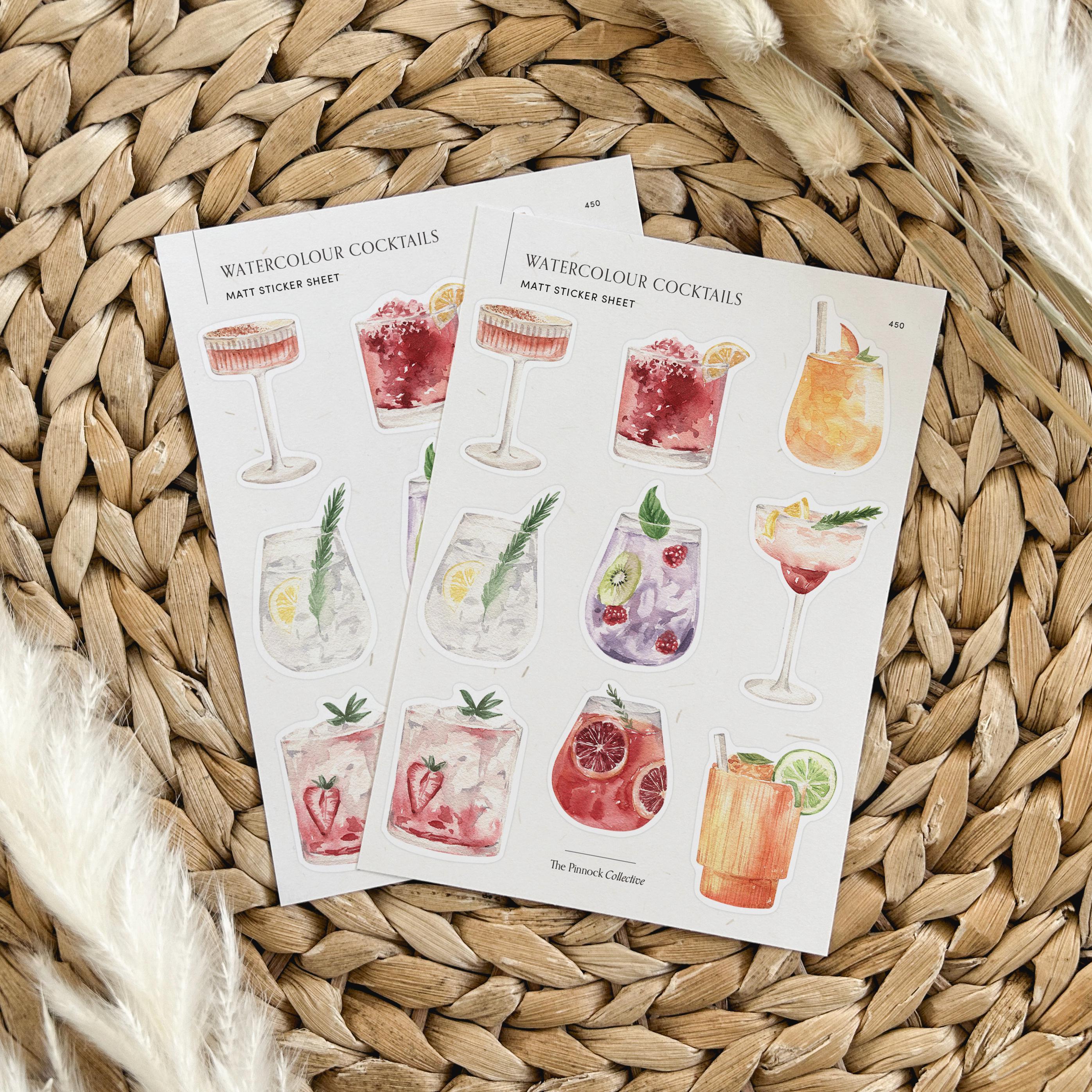 Watercolour Cocktail Stickers | Matte Journaling Planner Craft Supplies ...