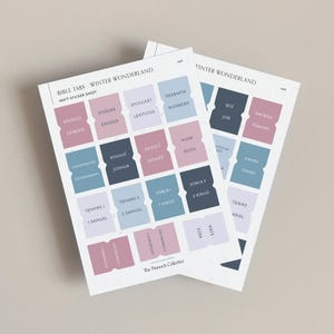 May include: Two sheets of Bible tabs with the text "Bible Tabs - Winter Wonderland" and "Matt Sticker Sheet". The tabs are in various colours, including pink, blue, and grey, with the names of the books of the Bible printed on them.