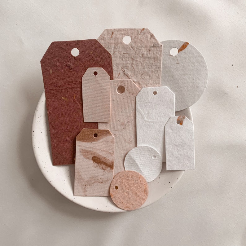 Handmade paper tags, in random sizes, and colours, with minimal cream and red palette, metallic accents, and textured, ephemera tags image 2