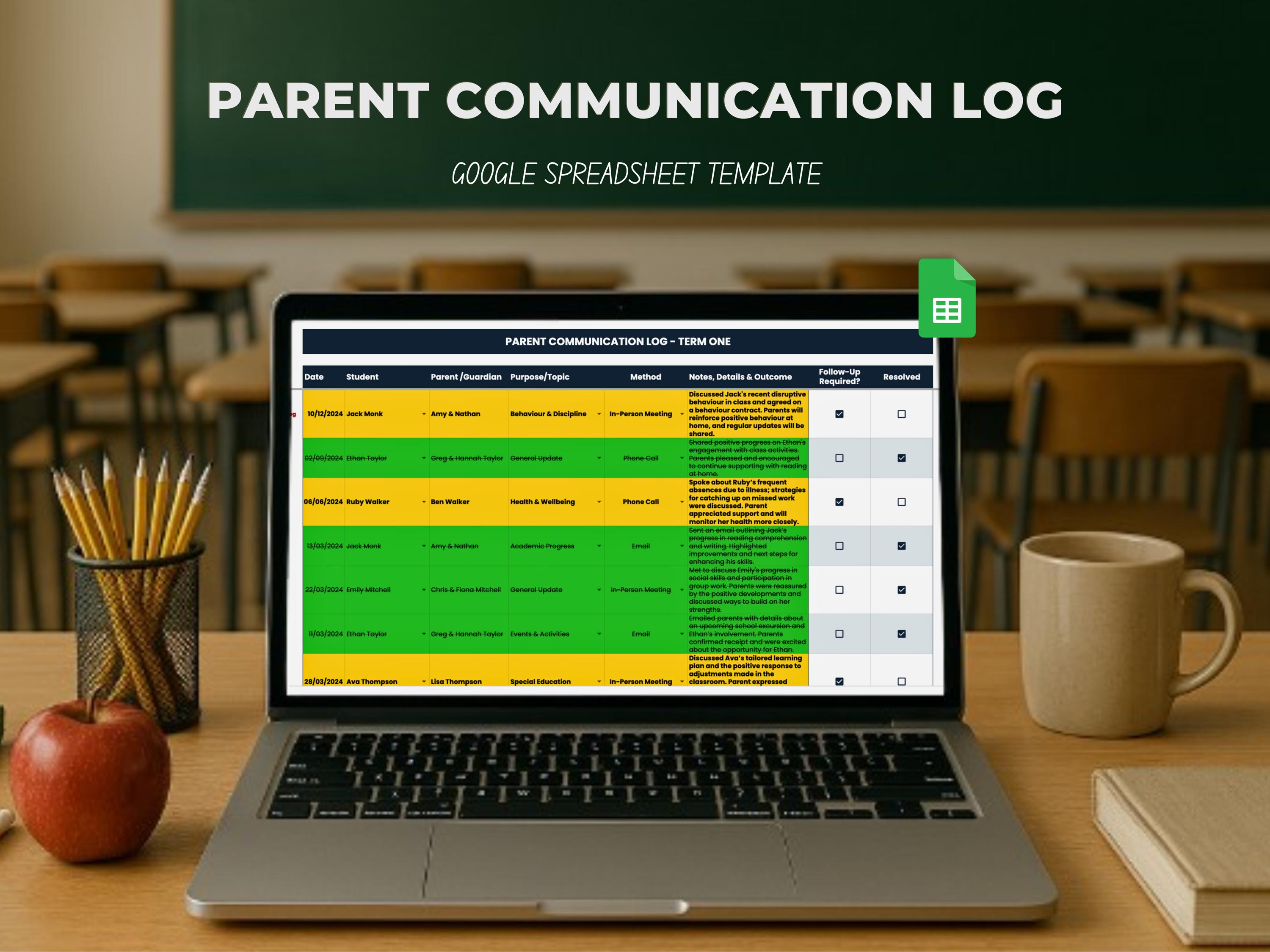 Parent Communication Log & Tracker | Google Sheets Teacher Template ...