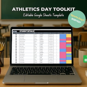 Könnte beinhalten: Ein Laptop-Computer zeigt eine Google Sheets-Tabelle mit dem Titel "Schülerdetails". Die Tabelle enthält Spalten für Schülernamen, Geburtsdaten und andere Informationen. Der Laptop steht auf einem Holztisch mit einer Tasse Kaffee und einem Buch.