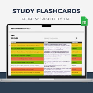 May include: A Google Spreadsheet template for studying science. The spreadsheet is divided into three columns: Question, Answer, and Competency. The questions are in green, the answers are in yellow, and the competency levels are in red. The competency levels are: Untested, Unfamiliar, Half Familiar, Confident, and Expert.