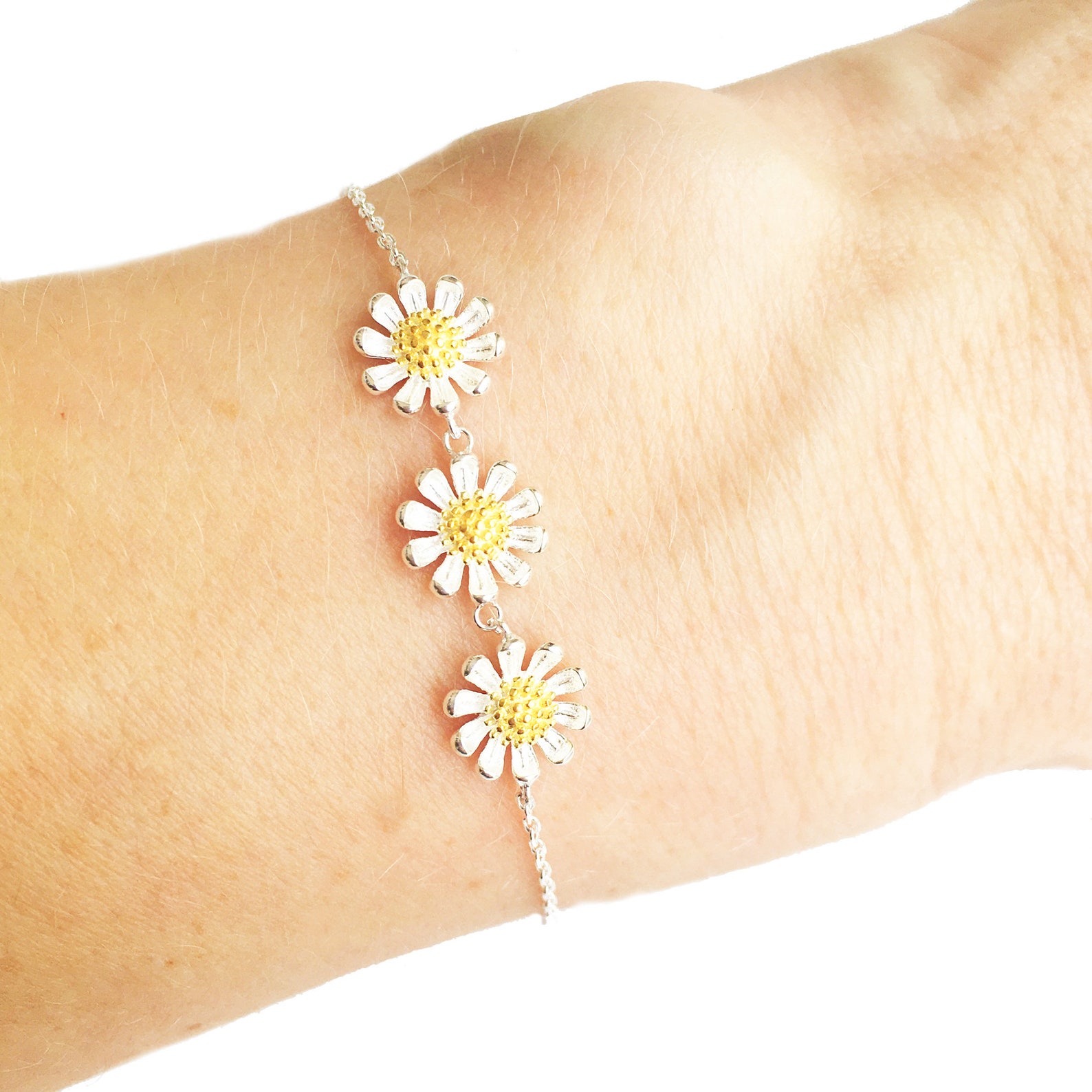 Sterling Silver Daisy Bracelet Triple Flowers Delicate Chain Etsy New