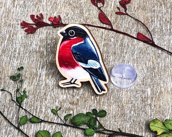Bullfinch Pin Badge - Native Garden - Handmade Mini Bird Brooch