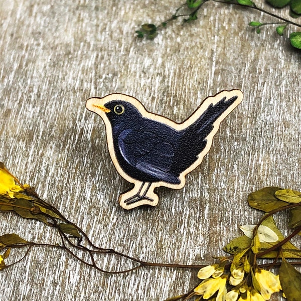Small Wooden Blackbird Pin Badge - Native Garden Bird Pin - Handmade Mini Bird Brooch