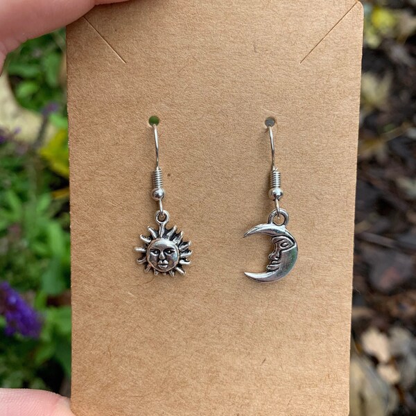 Sun and Moon Earrings, Celestial Earrings, Silver Plated Dangle Earrings, Sun Dangle Earrings, Moon Dangle Earrings