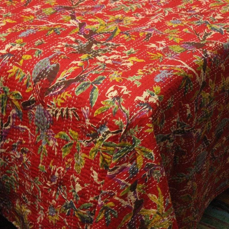 Red Bird Quilt Indian Kantha Quilt Bohemian Handmade Hand Etsy