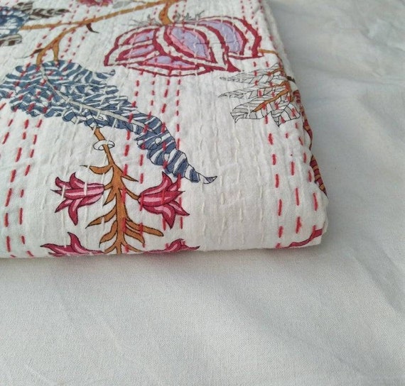 Indian Handmade Bird Print Queen Size Kantha Quilt Cotton Bedding Bedcover Throw