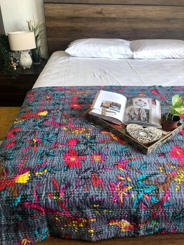 Indian Handmade Queen Cotton Kantha Quilt Throw Suzani Print Double Bedspread 