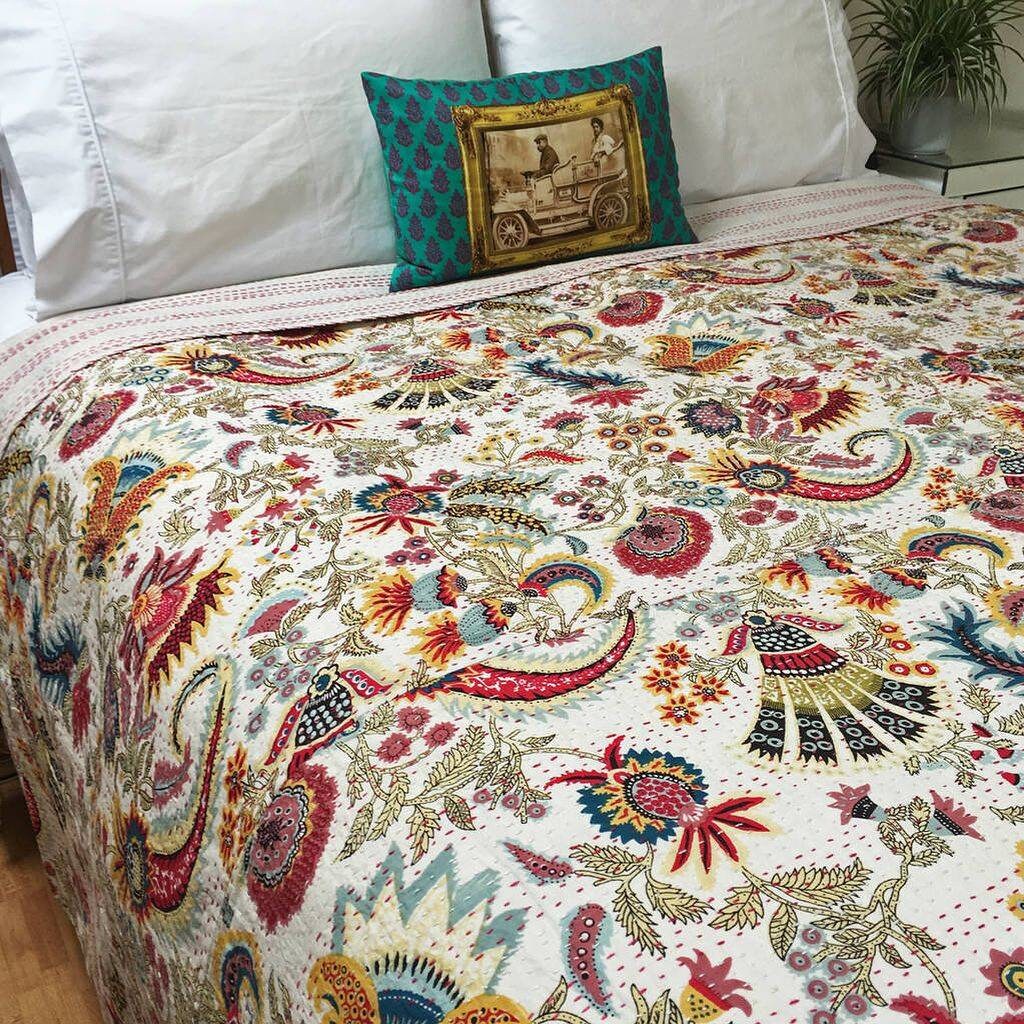 Indian Handmade Paisley Kantha Quilt Block Print Bedspread Purple Queen Size 