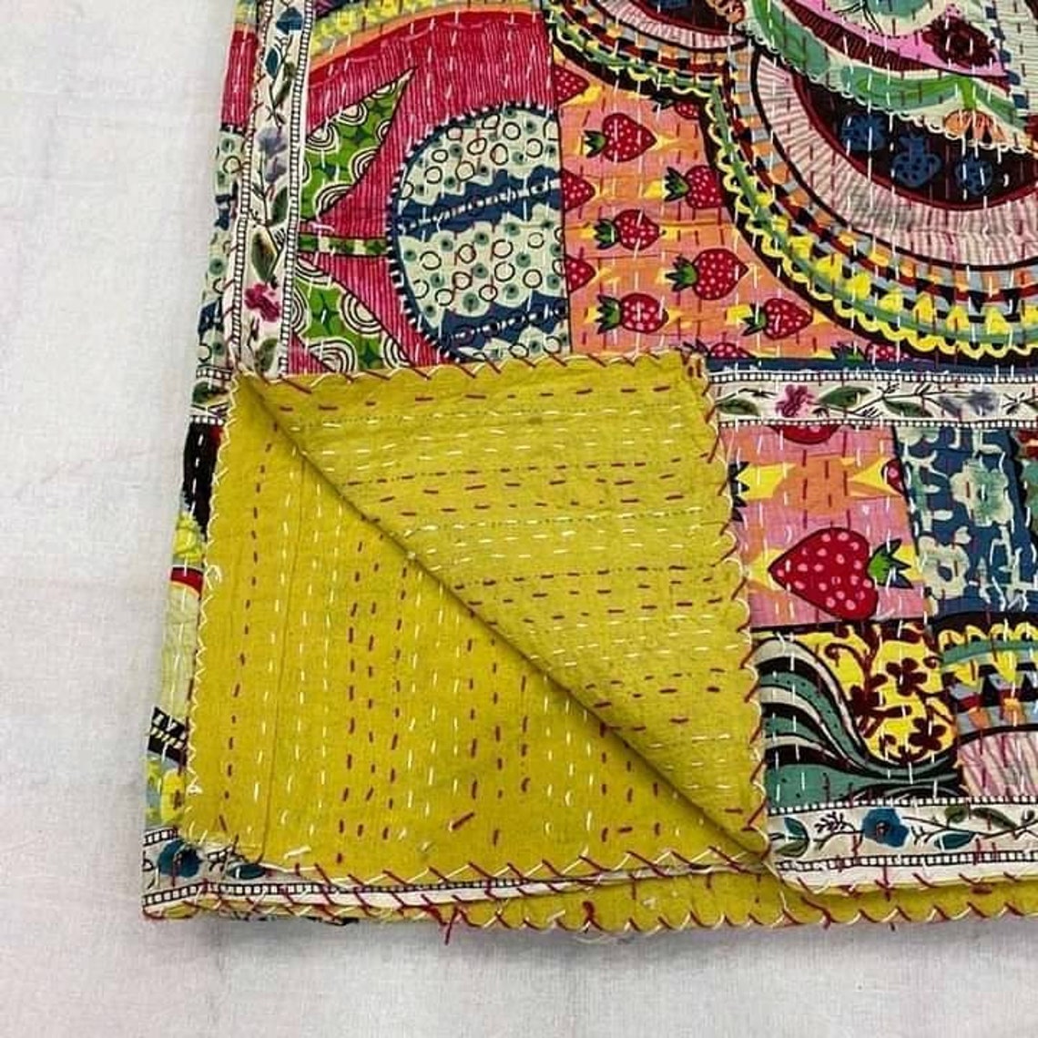 Kantha Quilt 100Cotton Queen Size Indian Quilt Hand Stitched Etsy