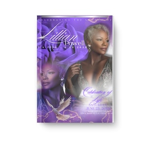 以下が含まれることがあります： 女性の写真と「Celebrating the Life of Lillian Powell August 4, 2020 Celebration of Life Saturday June 22, 2020 11:00 AM - 1:00 PM Love Master's Funeral Home」というテキストが書かれた、紫と白の追悼冊子
