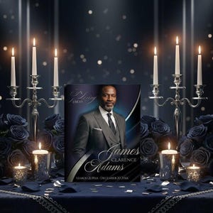 May include: A memorial display featuring a portrait of James Clarence Adams, surrounded by blue roses, lit candles, and silver candelabras. The portrait includes the dates March 21 19xx - December 20 20xx.
