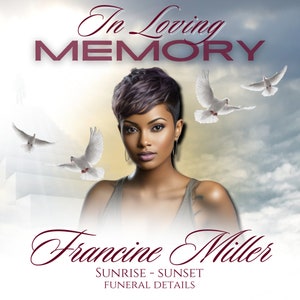 May include: In loving memory of Francine Miller. A black and white photo of a woman with short purple hair. The photo is surrounded by white doves against a cloudy sky background.