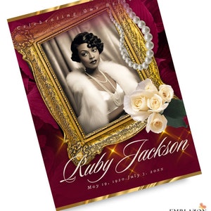 May include: A burgundy background with a gold ornate frame holding a black and white photo of a woman. The frame is adorned with a pearl necklace and white roses. The text "Ruby Jackson" is written in cursive below the frame with the dates "May 19, 1920. July 3, 20XX".