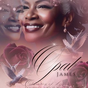 Peut inclure: Une carte commémorative rose et blanche avec une photo d'une femme souriante. La carte porte le texte "In Loving Remembrance" en haut et "Opal James" dans une grande police décorative. La carte comprend également les dates "January 12, 1968 - June 3, 20xx" et des informations sur une célébration de la vie.