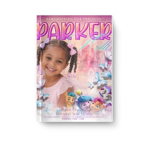 May include: A memorial card with the name "PARKER" in large, pink and purple letters. The card features a smiling young girl, butterflies, and cartoon characters. Text includes "REMEMBERING OUR PRECIOUS" and event details.