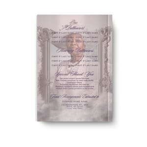 May include: A memorial card with a portrait of a person in a decorative frame. The card includes text for the pallbearers, a special thank you, and funeral home information. The background has a soft, cloudy effect.