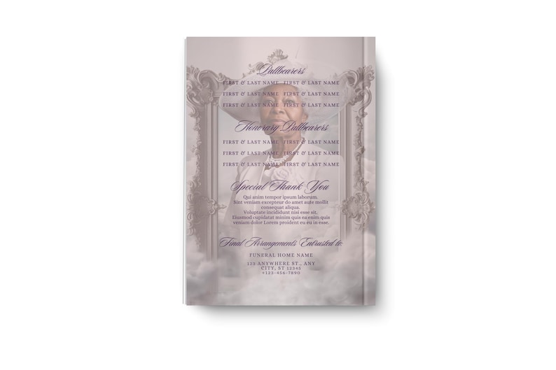 May include: A memorial card with a portrait of a person in a decorative frame. The card includes text for the pallbearers, a special thank you, and funeral home information. The background has a soft, cloudy effect.