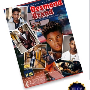 Könnte beinhalten: Eine Traueranzeige für Desmond Brand, der am 5. August 20XX verstorben ist. Die Anzeige enthält eine Collage mit Fotos von Desmond, Datum und Uhrzeit des Trauergottesdienstes sowie den Ort in der Calvary Baptist Church in Los Angeles, Kalifornien.