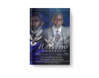 Navy Blue Funeral Program Template | 4 Page Celebration of Life | 11x17 Printable PDF