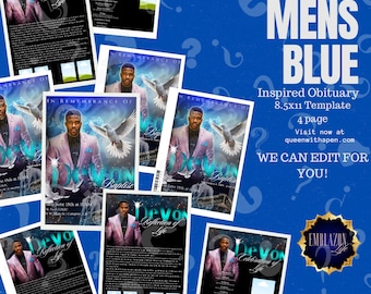 Elegant Blue Mens DIY Funeral Obituary Template 8.5x11  4 pages