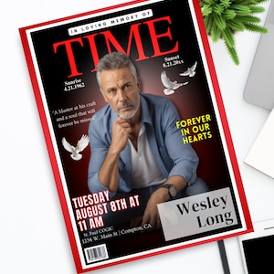 Modèle 8,5 x 11 po. (4 pages) | Programme de funérailles sur le thème du magazine TIME Célébration de la vie « Wesley » | Téléchargement numérique | Modèle sur toile