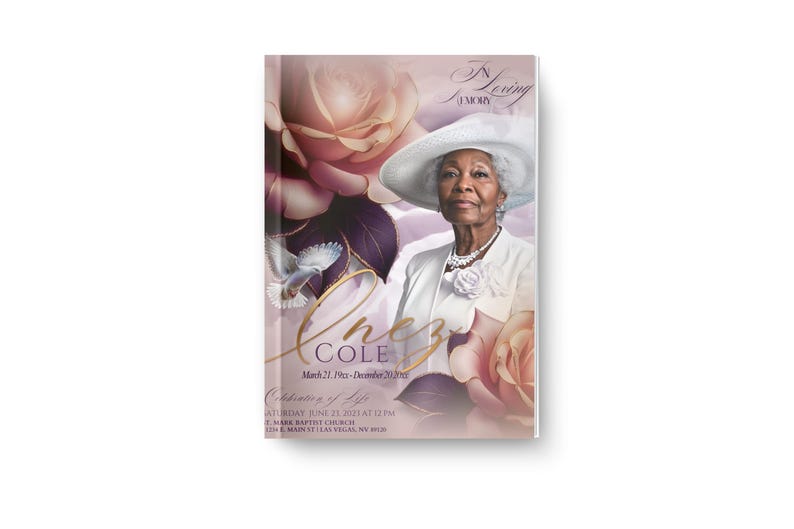 May include: A memorial book cover featuring a portrait of an elderly woman in a white hat and jacket, with a pearl necklace. The background includes roses and doves. The text reads "Chez Cole" and "In Loving Memory".