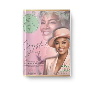 May include: A pink and green memorial program with a photo of a woman in a hat. The text reads "In Loving Memory of Crystal Jones" and "Celebration of Life Saturday, June 23, 2023 Mark Baptist Church, 1000 Main St. Las Vegas, NV 89123 January 12, 1908 June 3, 20XX AKA 1908".