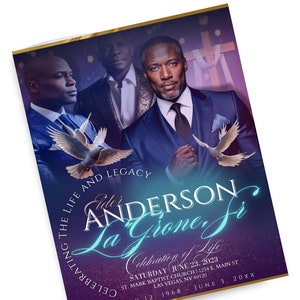 Op de afbeelding: Een paars-gouden rouwprogramma met een foto van drie mannen. Het programma is voor de herdenking van het leven van Elder Anderson La Grone Jr. Het programma bevat de datum en tijd van de dienst, de locatie van de kerk en de geboorte- en sterfdatum.