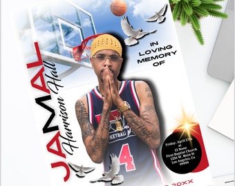 Puede incluir: Una tarjeta conmemorativa con una foto de un hombre con una camiseta de baloncesto, rezando con las manos juntas. La tarjeta tiene un aro de baloncesto y palomas en el fondo. El texto dice "JAMAL Harrison Hall" e "IN LOVING MEMORY OF". La tarjeta también incluye las fechas "JUNE 11, 2000 - APRIL 9, 20XX" y los detalles del funeral.