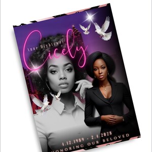 May include: A pink and white memorial card with a photo of a woman in a black blazer. The card reads "Cicely" in pink neon lettering and "4.12.1989 - 2.4.2028 HONORING OUR BELOVED".