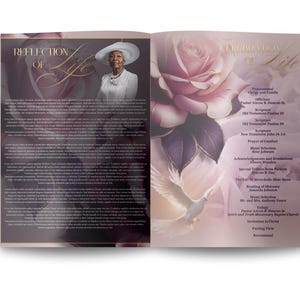 May include: A memorial program with a soft pink and purple color scheme. The left page features a photo of a woman in a white hat and dress, with the words "Reflection of Life." The right page includes a large rose and a list of service details.