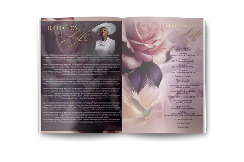 May include: A memorial program with a soft pink and purple color scheme. The left page features a photo of a woman in a white hat and dress, with the words "Reflection of Life." The right page includes a large rose and a list of service details.