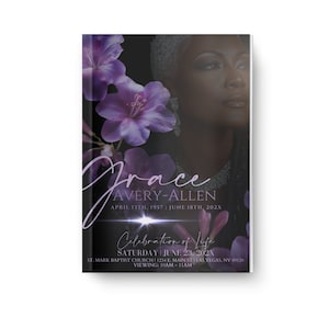 Pode incluir: Um programa memorial roxo e branco com uma foto de uma mulher e o texto "Grace Avery-Allen, 13 de abril de 1957 - 18 de junho de 202X, Celebração da Vida, Sábado 23 de junho de 202X, Igreja Batista St. Mark, 1242 E. Charleston Blvd, Las Vegas, NV 89102, Visitação: 10:00-11:00 AM".