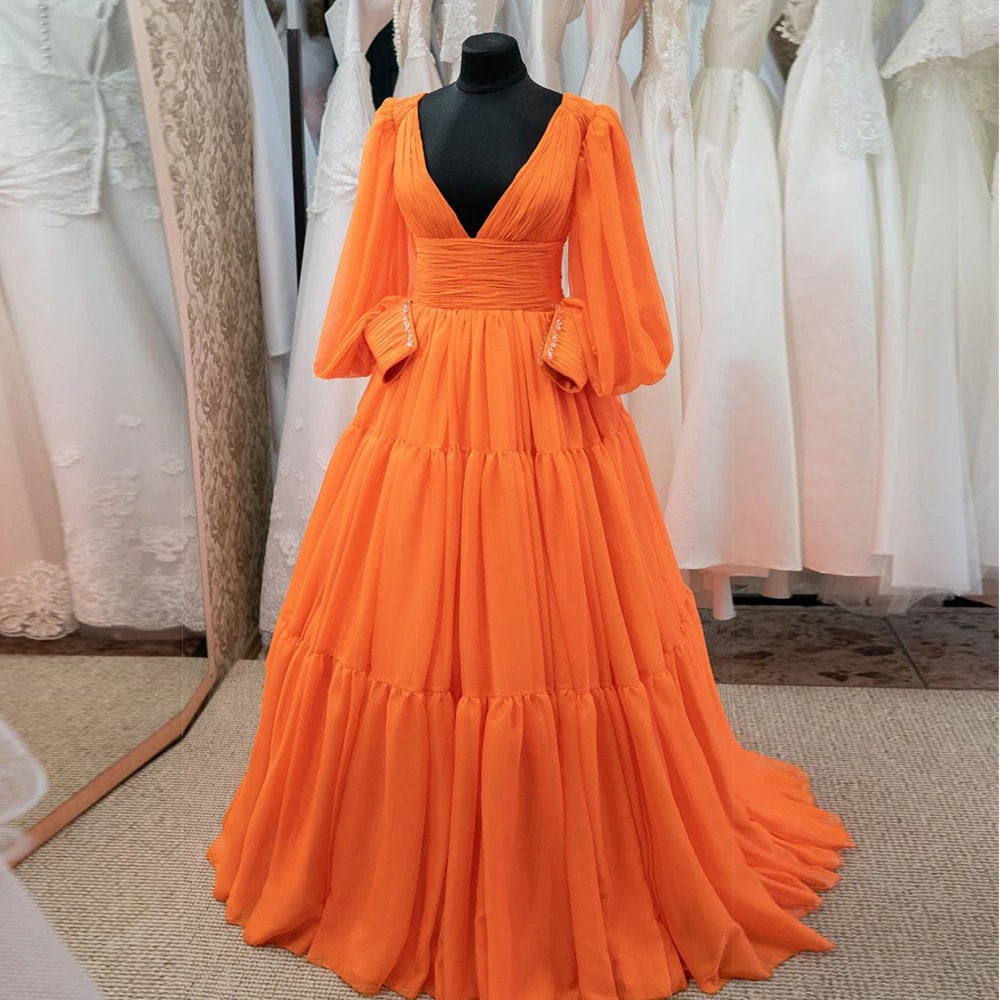 Ruffled Puffy Orange Layered Unusual Long Prom Dress - VQ