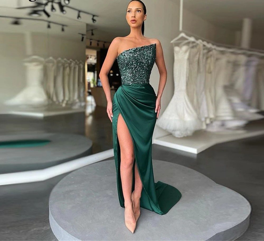 Royal Green Long Side Slit Prom Dress Gown Sleeveless Sequins - Etsy