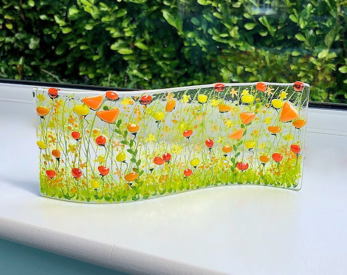 Orange and Yellow Wild Fused Glass Flowers, Fused Glass Wave, Cornish