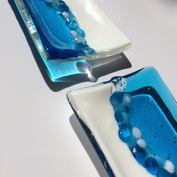 Fused Glass Ocean Blue and White Contemporary Dish, Fused Glass Dish, Ring Dish, Soap Dish, Fused Glass Cornwall, Fused Glass Ireland