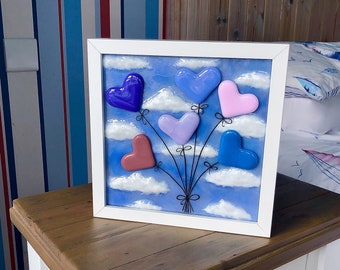 Heart Balloons Free Standing Frame, Fused Glass, Gift him her, Valentines Day Gift, Cornwall, Ireland, Irish, Cornish,