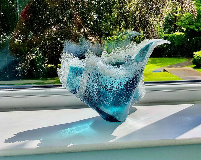 Large Fused Glass Ocean Wave Decorative Bowl, Decorative Vase, Ocean