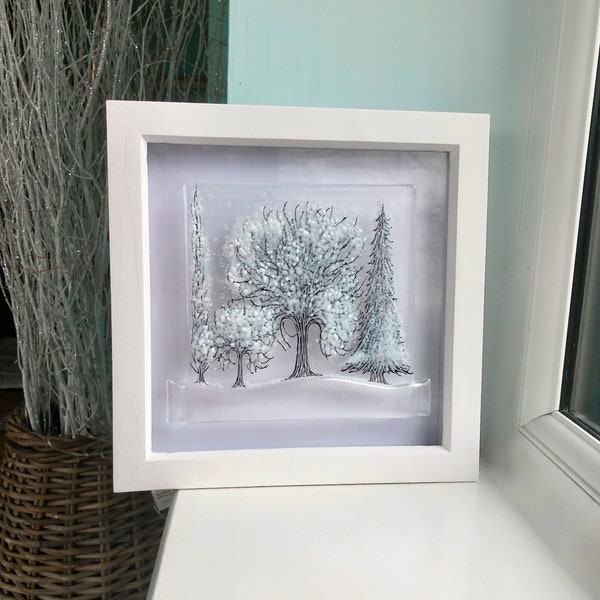 Frosty Winter Trees Fused Glass Wall Art, Large Picture, Fused Glass Trees, Flowers, Cornish, Irish, Cornwall, Irish, Ireland