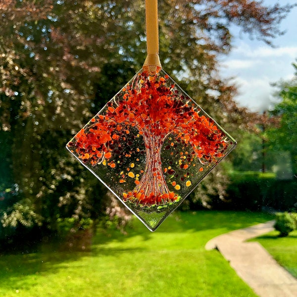 Autumn Falling Leaves Tree Fused Glass Hanger, gift, Fall, Cornish, Fused Glass Cornwall, Irish, Fused Glass Ireland, Fused Glass Flowers,