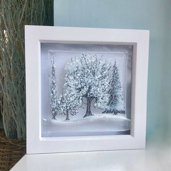 Frosty Winter Trees Fused Glass Wall Art, Medium Picture, Fused Glass Trees, Flowers, Cornish, Irish, Cornwall, Irish, Ireland