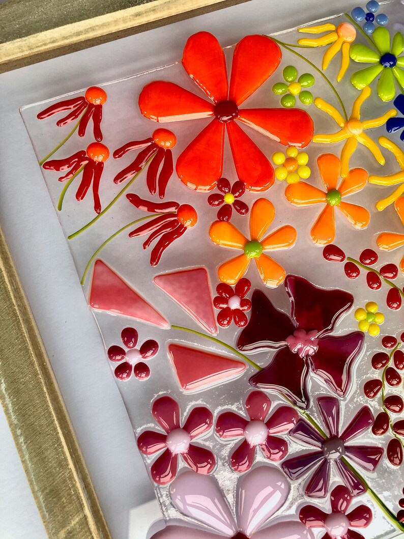 Large Rainbow Fused Glass Flowers Picture Fused Glass Wall Etsy